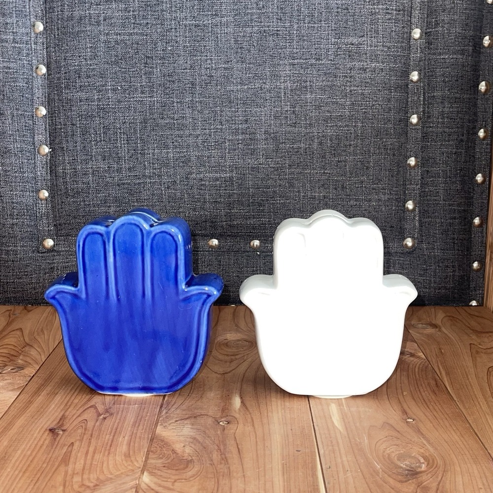 Twoโ Small Ceramic Hamsa Shaped Coin Banks 4 1/2". White And Blue Gypsy, Zodiac